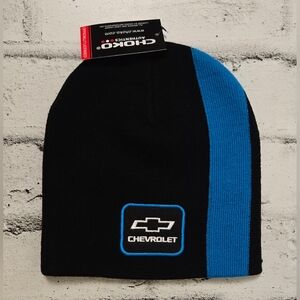 Chevrolet Knit Beanie Black Blue Stripe Logo Hat NWT
